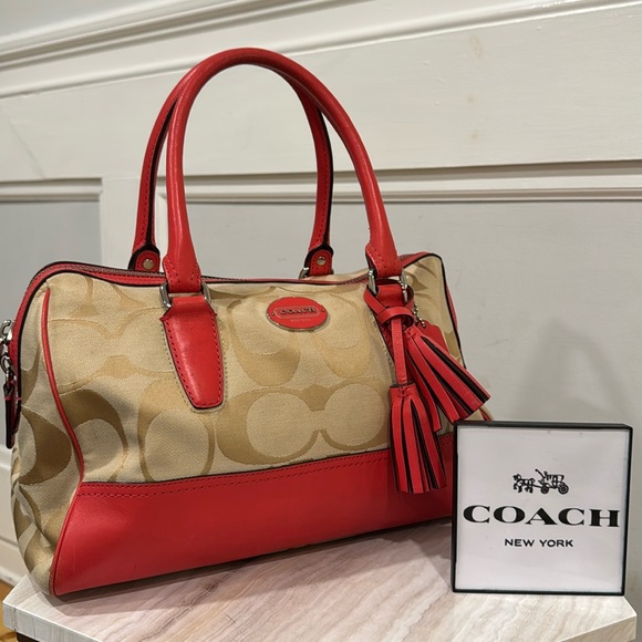 Coach Bag Pink Coral Leather and Canvas Signature Satchel